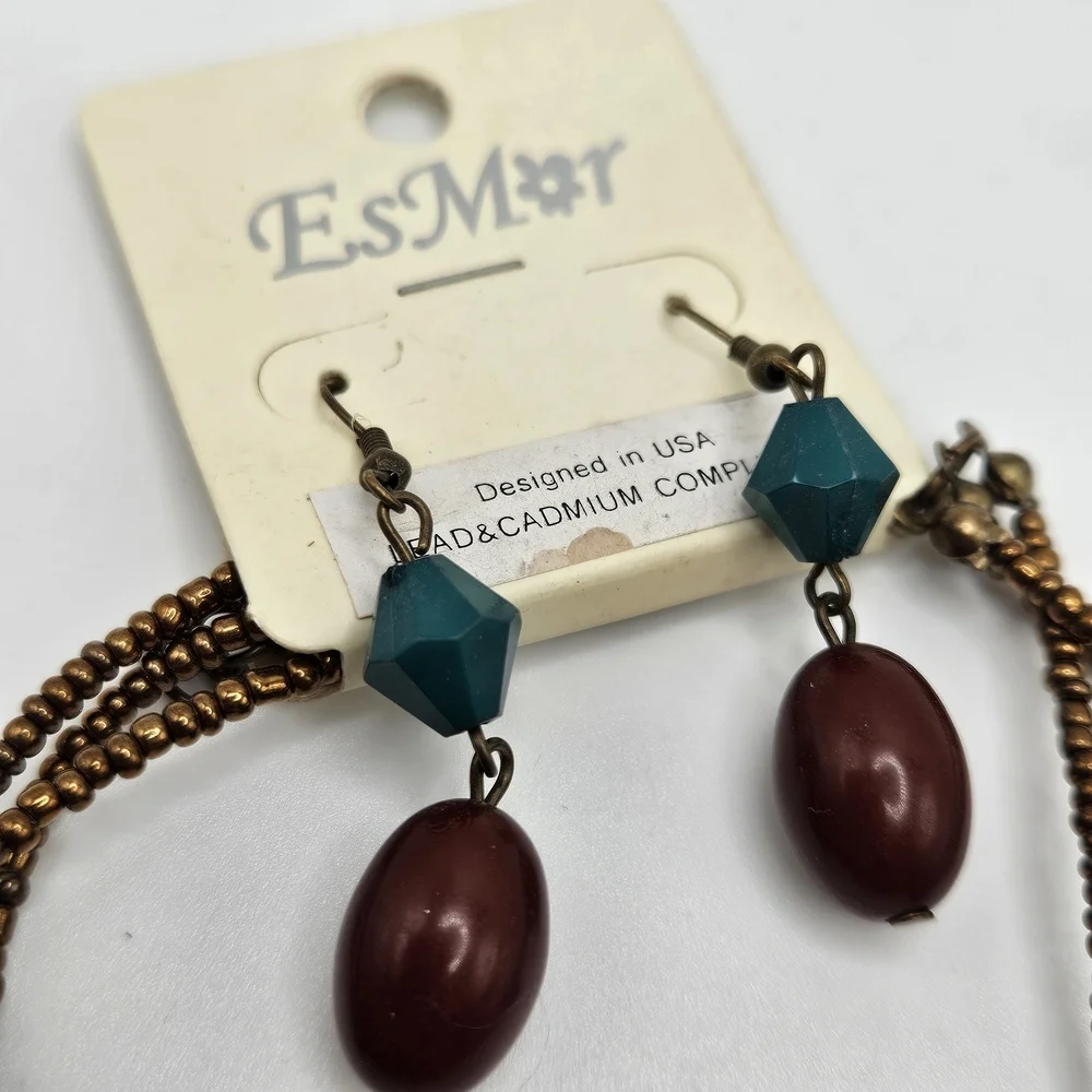 NEW VINTAGE EsMor Brown and Teal Plastic Triple Strand Necklace and Earrings Set